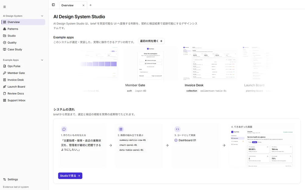 AI Design System Studio の画面。UI設計の過程が並んでいる